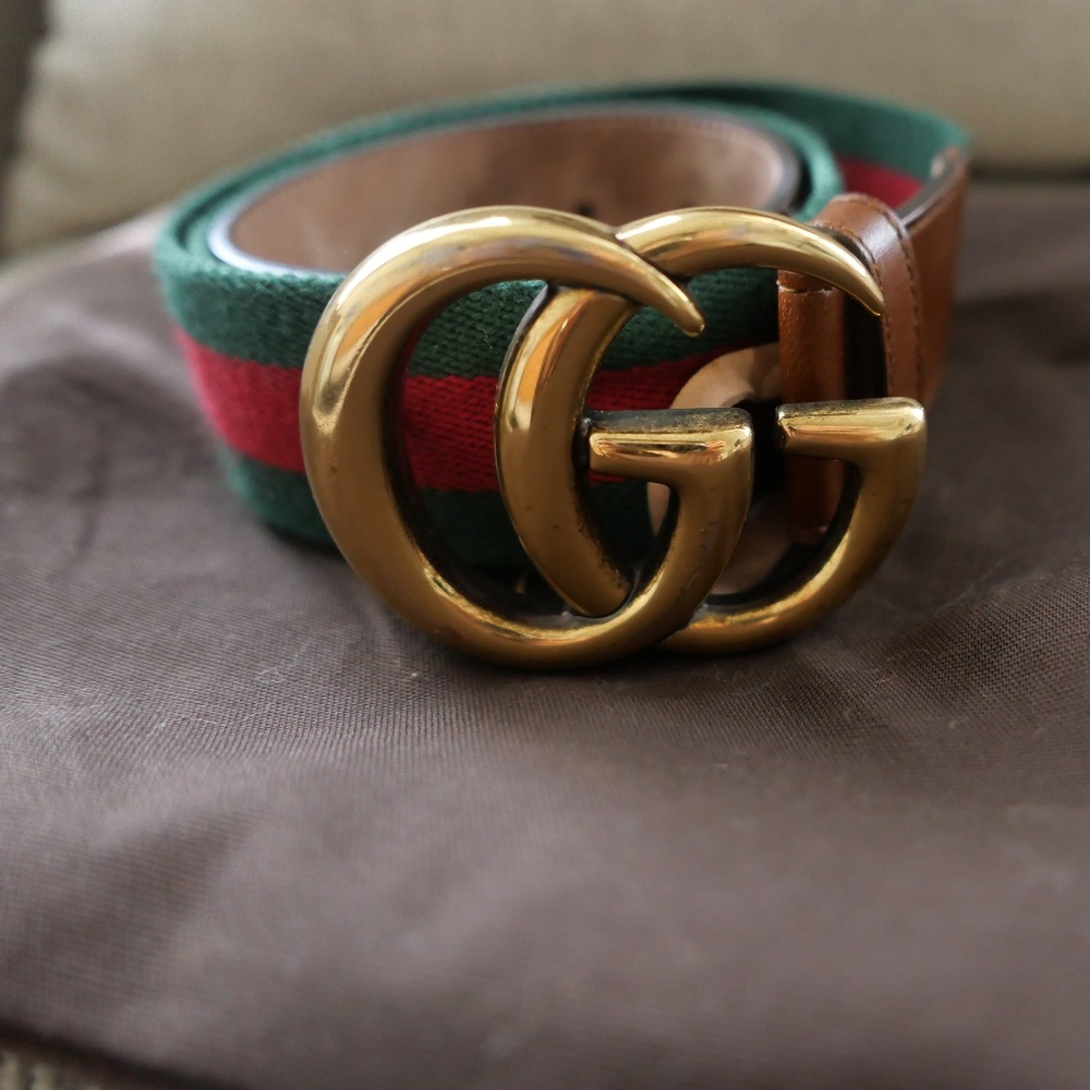 GUCCI Marmont Web Belt Tan 85/34